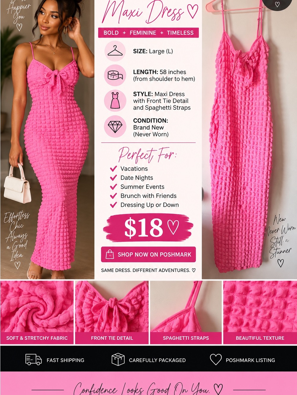 Pink Textured Maxi Dress with Front Tie - Brand